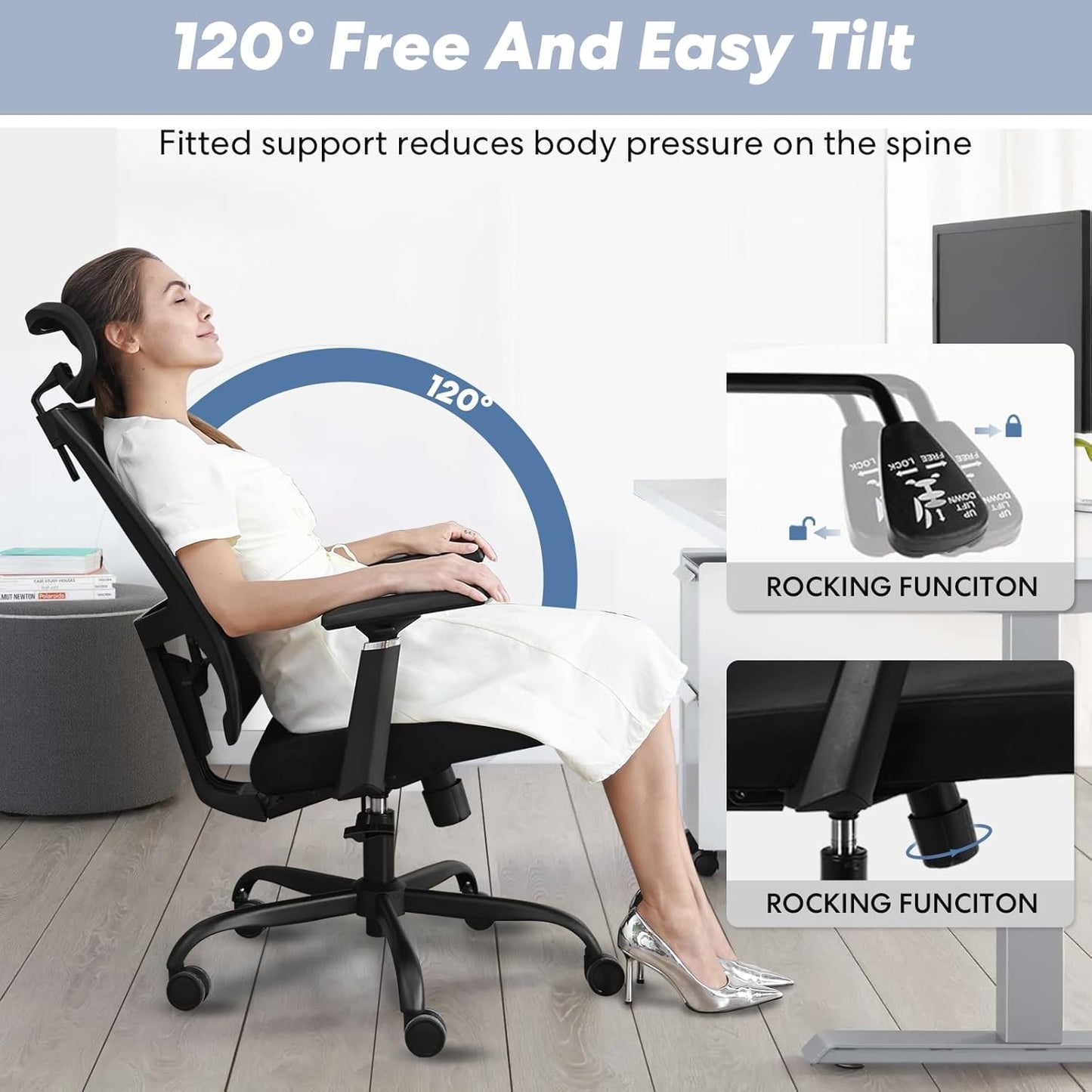 Nova Cadeira de Escritório Ergonômica em Malha com Suporte Lombar Ajustável Inclinação de 120° Cadeira de Computador Confortável com Braços Macios Retráteis
