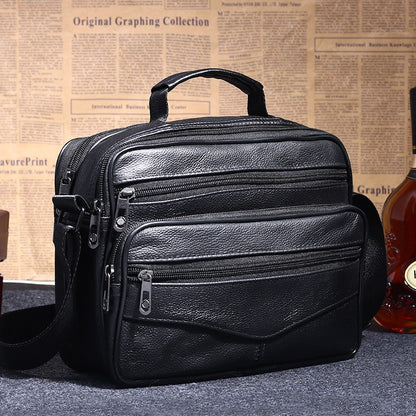 Men Genuine Leather Shoulder Bag Male Cowhide Leather Handbags Men's Large Zipper Messenger Bag Travel Tablet Bag Tote