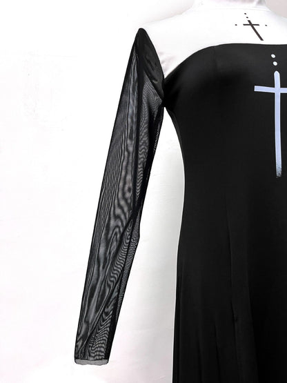 Sexy Nun Cosplay Costume Gothic Black Split Long Dress with Head Veil Halloween Carnival Party Fancy Dress for Women Nun