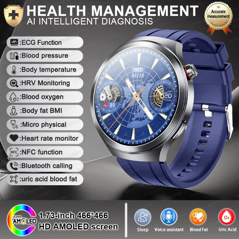 Relógio Inteligente Smartwatch Masculino 2026 Health Tracker com Safira e Medição de Ácido Úrico, Gordura Sanguínea, Pressão Arterial e ECG+PPG com Análise Corporal