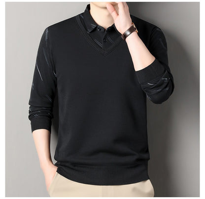 Men's Fleece Lining Sweater Autumn Winter Pullover Polo Shirt Collar Fake Two Piece Thick Warm Top Clothes Casual Knitwear