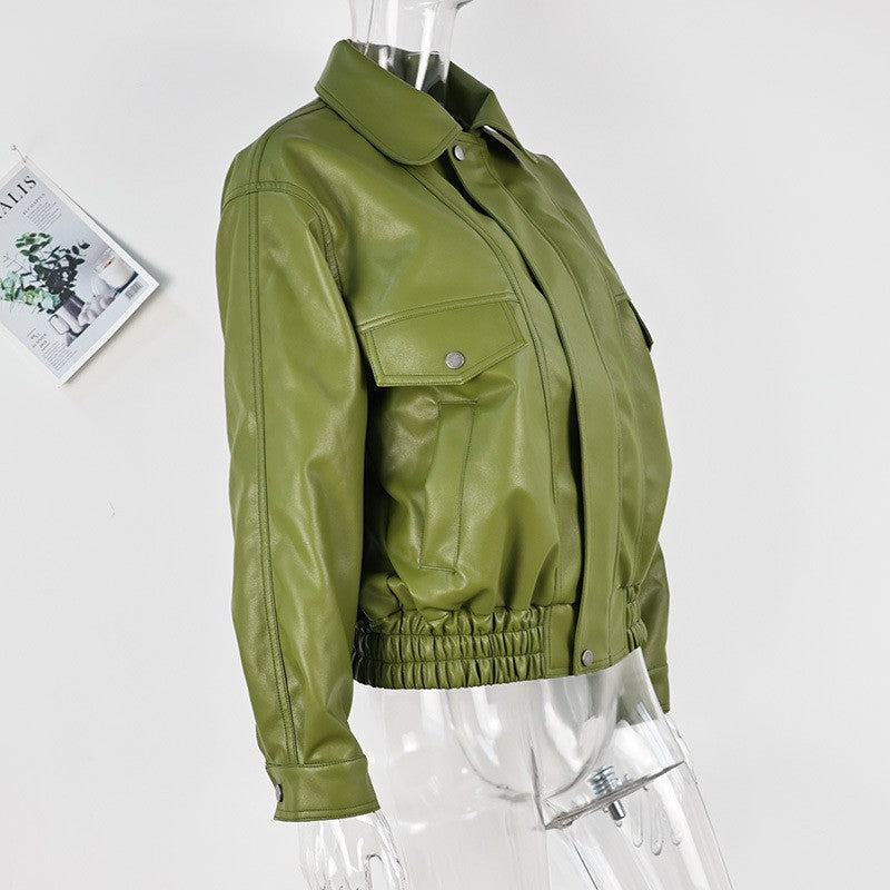 Olive Green Leather Jacket Coat Silhouette Vintage High Street Trend Zipper Lapel Short Overcoat Loose Casual Top Outwear Autumn