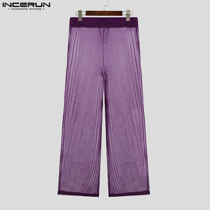 Shiny Men Casual Trousers 2024 Men Fashion Long Pnats INCERUN Elastic Waist See Through Wide Leg Bottoms Trousers Men