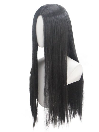 A Família Addams Personagem de Filme Peruca Preta Longa Lisa Sintética para Halloween Cosplay Peruca Adequada para o Filme