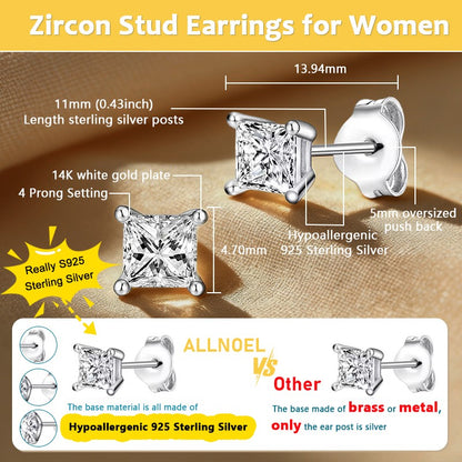 ALLNOEL Crystal 5A Zircon 925 Sterling Silver Square Round Stud Earrings for Women Men Piercing Ear Stud Hypoallergenic 5mm 6mm