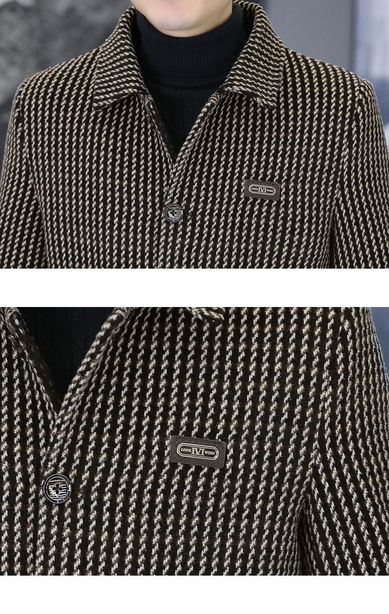 Korean Fashion Woolen Jacket for Men 2023 Winter Plaid Casual Business Trench Coat Slim Social Office Street Wear Short Overcoat