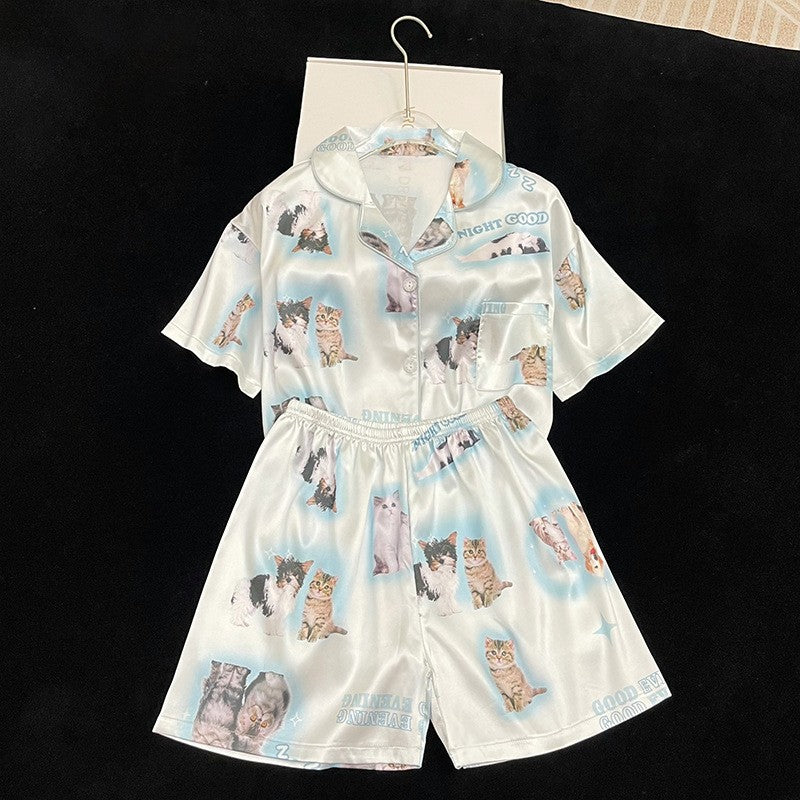 Romantic Women Nightwear Cute Cat Print Short Sleeve Shorts Thin Pajamas Women Cardigan Breathable Student Homewear 2 Piece Set