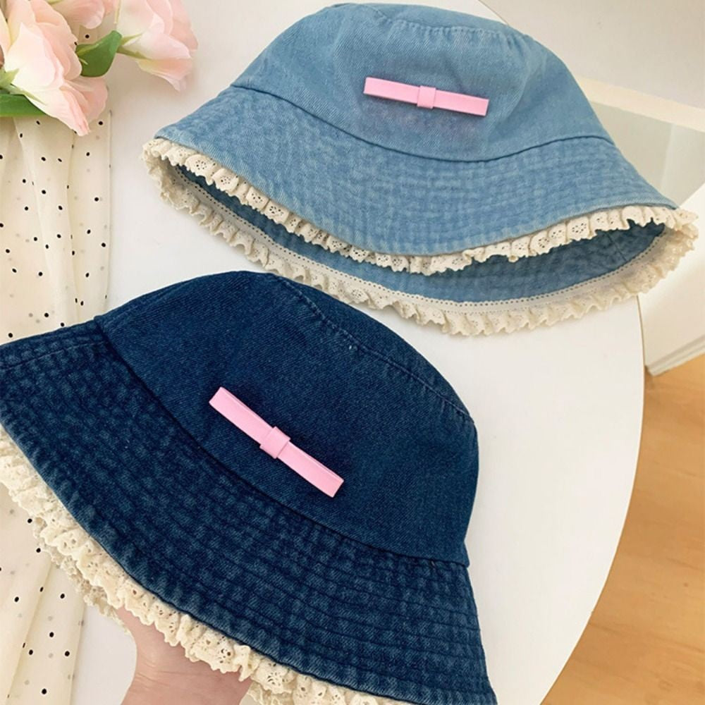Retro Big Brimmed Denim Bucket Hat Bow Tie Y2K Lace Fisherman Hat Korean Style UV Protection Bow Sunscreen Hat Outdoor