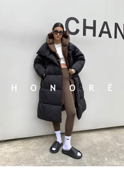 Janveny Fluffy White Duck Down Jacket Women Winter Thickness Warm Long Puffer Coat Hooded Female Fashion Fake Two-piece Parkas