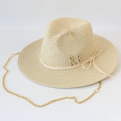Chapéu de Sol de Verão Grande Proteção Solar Chapéus Femininos de Praia de Palha da Moda Chapéu Panamá de Grama de Luxo Feminino 60cm para Cabeça Grande