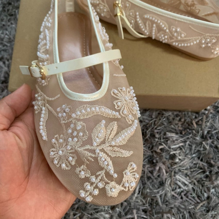 Embroidery Pearl Mesh Ballet Flats Women Fashion Hollow Round Toe Flat Sandals Elegant Comfortable Belt Buckle Mary Jane Shoes
