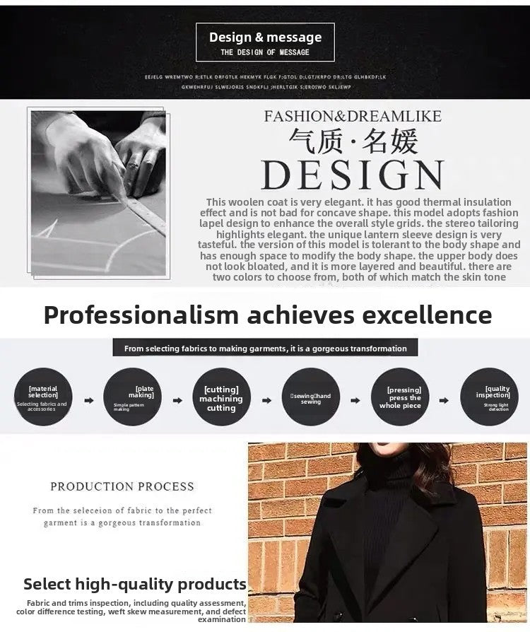 Plus Size Black Woolen Coat 2025 New Style Women's Autumn Winter Professional Mid-Length Trendy Polyester Fiber Suit Collar F...