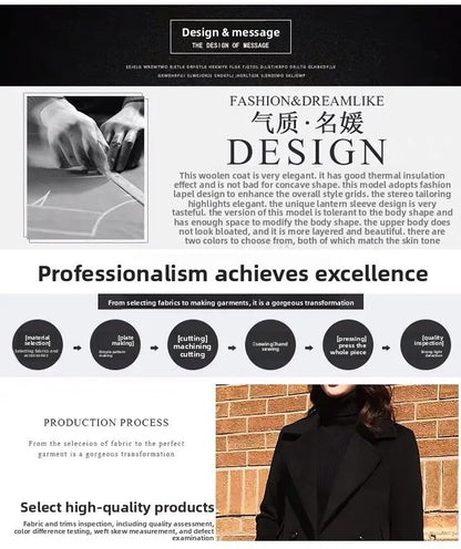 Plus Size Black Woolen Coat 2025 New Style Women's Autumn Winter Professional Mid-Length Trendy Polyester Fiber Suit Collar F...