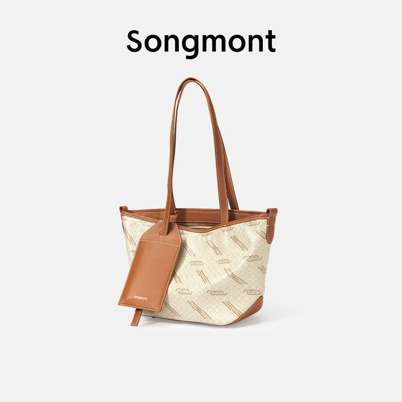 Songmont Designer Tote Bag Signature Monogram Print PU Material Lightweight Durable Womens Bag Zipper Top Polyester Lining