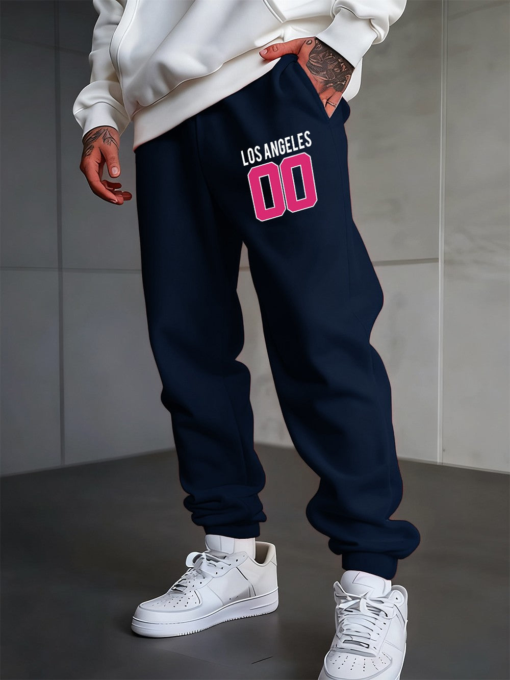 Los Angeles 00 Calça Moletom Estampada Masculina Outono Jogger Calça de Moletom Quente Elástico na Cintura Calça de Moletom Básica com Bolso Roupa Masculina