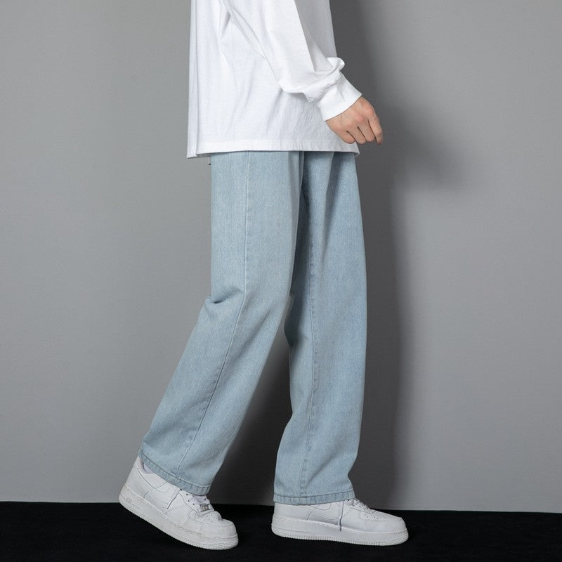 2025 Calças Jeans Casuais Masculinas Coreanas Novas Retas Longas Perna Larga Jeans Cor Sólida Azul Claro Cinza Preto