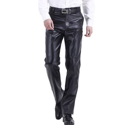 Men's High Waist Stretch Leather Pants, Windproof Straight Biker PU Pants, Warm Winter Trousers, New Fashion, 29-42