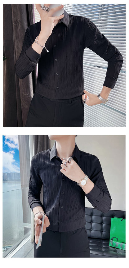 Streetwear Fashion Korean Clothing Solid Shirts Spring Autumn Men Long Sleeve Striped Lapel Single Sockets Business Casual Tops