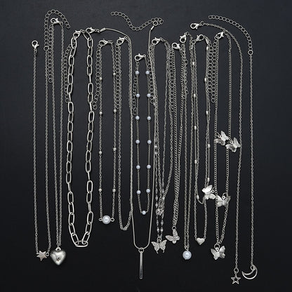 Conjunto de Colares 13 Peças/Kit Temperamento Simples Borboleta Pérola Coração Estrela Zircônia Cor Prata para Mulheres Joias da Moda de Presente