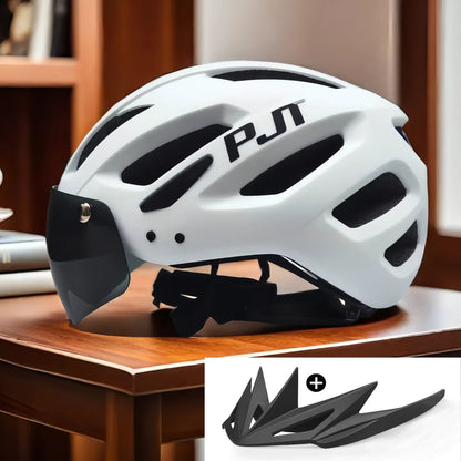 PJT Adult Bike Helmet With Rechargeable LED Rear Light Dual Mode Goggle Cycling Helmet MTB Lightweight Breathable Bicycle Helmet