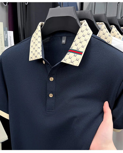 High quality men's short sleeve polo shirt summer light luxury business style comfort casual patchwork neckline fashion T-shirt