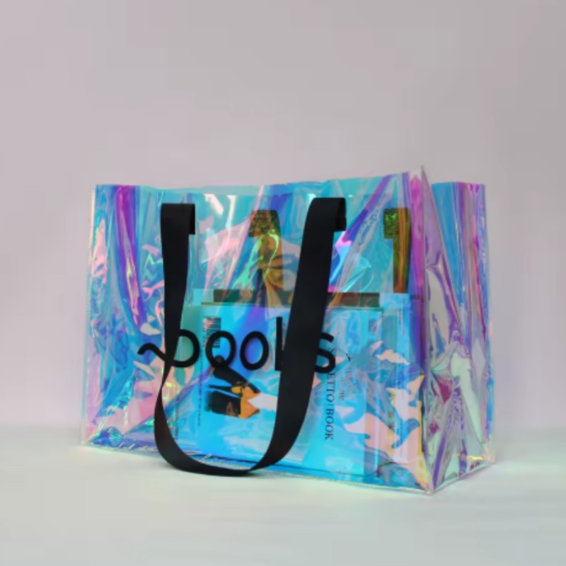 Wholesale 200pcs/Custom Logo Laser Holographic Iridescent PVC Tote Bag Luxury Fashion Beach Shopping Tote Bag Waterproof Bag
