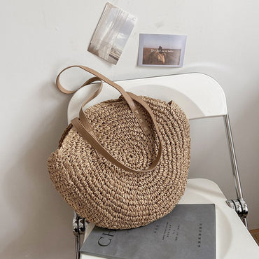 Summer Round Straw Bags for Women Rattan Shoulder Bag Travel Handmade Woven Beach Handbags Female Large Capacity Totes Bag