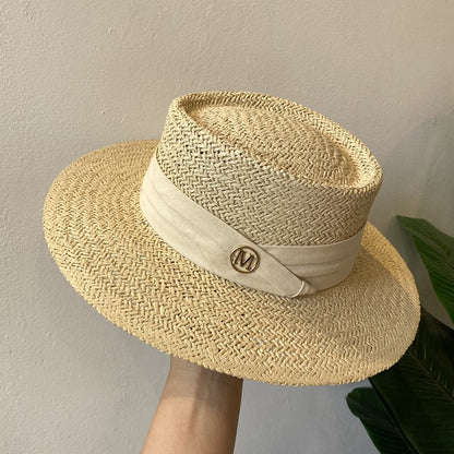 Chapéu de Palha Feminino de Verão Chapéu de Sol Luxuoso Feminino Chapéu de Praia de Proteção Solar da Moda Chapéu Panamá Francês Chapéu Raff de Aba Larga com Topo Abaulado