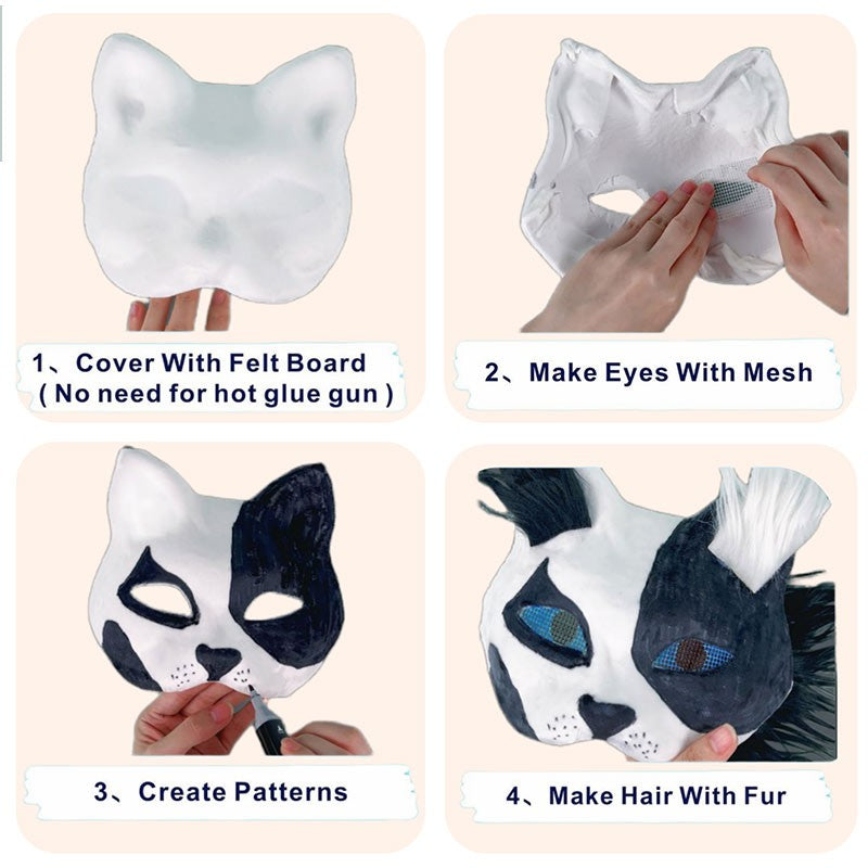 DIY White Pulp Mask Kit Fun Therians Mask Fox Cat Mask Children's Handmade Graffiti Half Face Mask for Masquerade Cosplay Party