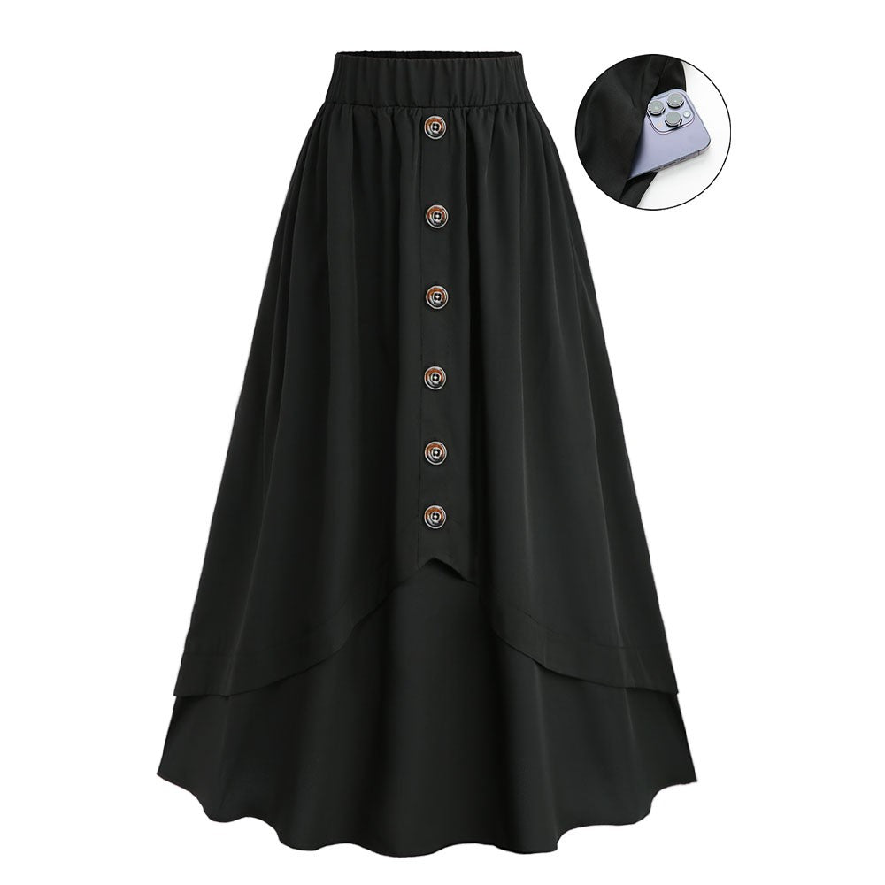 ROSEGAL Plus Size Women's Vintage Stretch High Waist Flared Midi Skirts with Pockets Black Casual Mock Buttons Layered Skirt 5XL