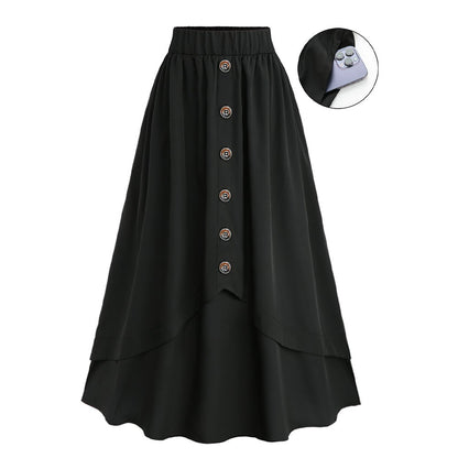 ROSEGAL Plus Size Women's Vintage Stretch High Waist Flared Midi Skirts with Pockets Black Casual Mock Buttons Layered Skirt 5XL