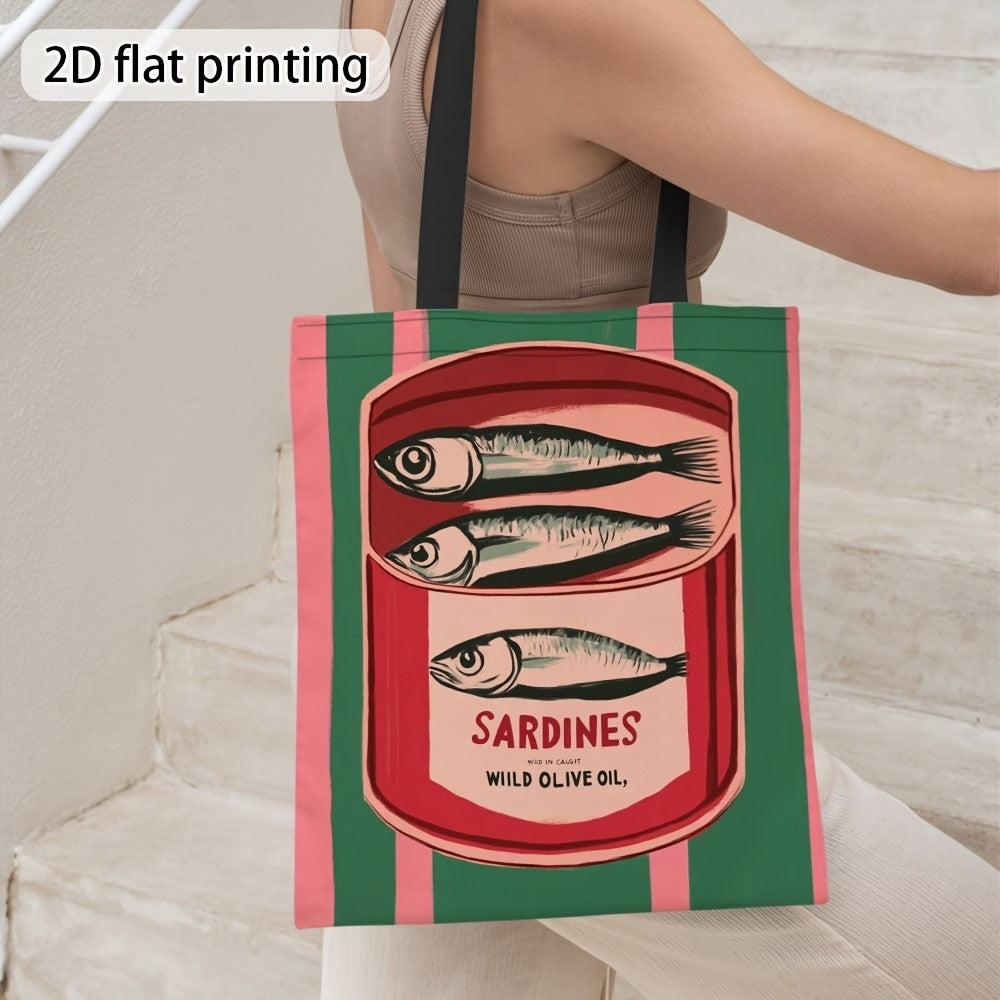 1pc Canned Sardines Durable Polyester Tote Bag - High-Quality Printed Design, Ideal for Work, Travel