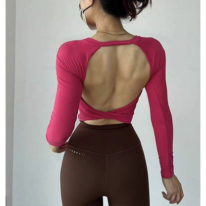 Yoga Long Sleeved Women's Fixed Chest Cushion Sexy Backless Short Sports T-shirt With Waist Cinching And Slimming Fitness Vest