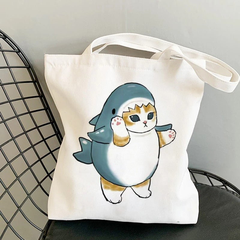 Kawaii Cats Manga Cartoon Reusable Tote Bag Women's High Capacity Versatile Canvas Shoulder Bag, Beach Shopper Handbag