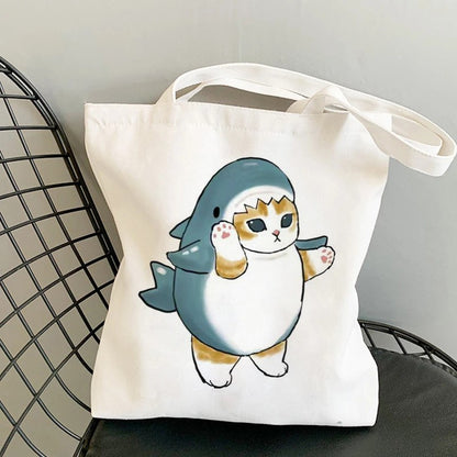 Kawaii Cats Manga Cartoon Reusable Tote Bag Women's High Capacity Versatile Canvas Shoulder Bag, Beach Shopper Handbag
