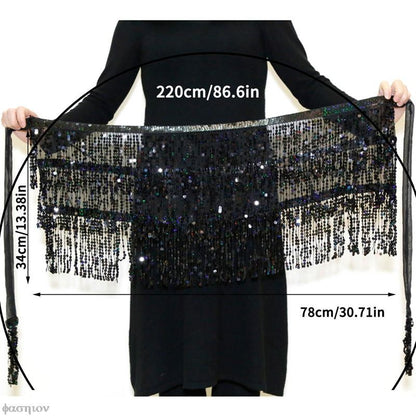 Sexy Women Belly Dance Hip Tutu Skirt Scarf Wrap Belt Glitter Sequins Tassel Hipscarf Skirt Sundress Costume Fringe Skirt Outfit