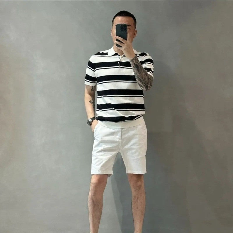 Smart Casual Summer Polo Shirts Men Turn-down Collar Striped Contrast Color Button Simplicity Fashion Loose Short Sleeve Tops