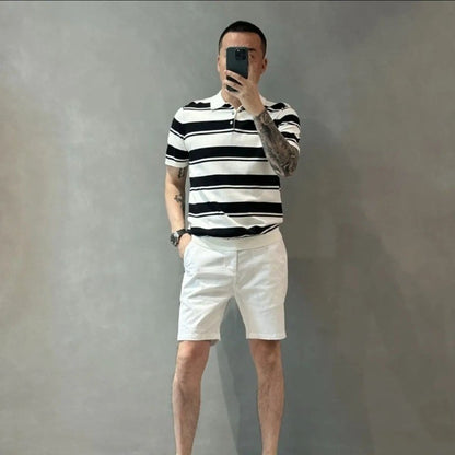 Smart Casual Summer Polo Shirts Men Turn-down Collar Striped Contrast Color Button Simplicity Fashion Loose Short Sleeve Tops