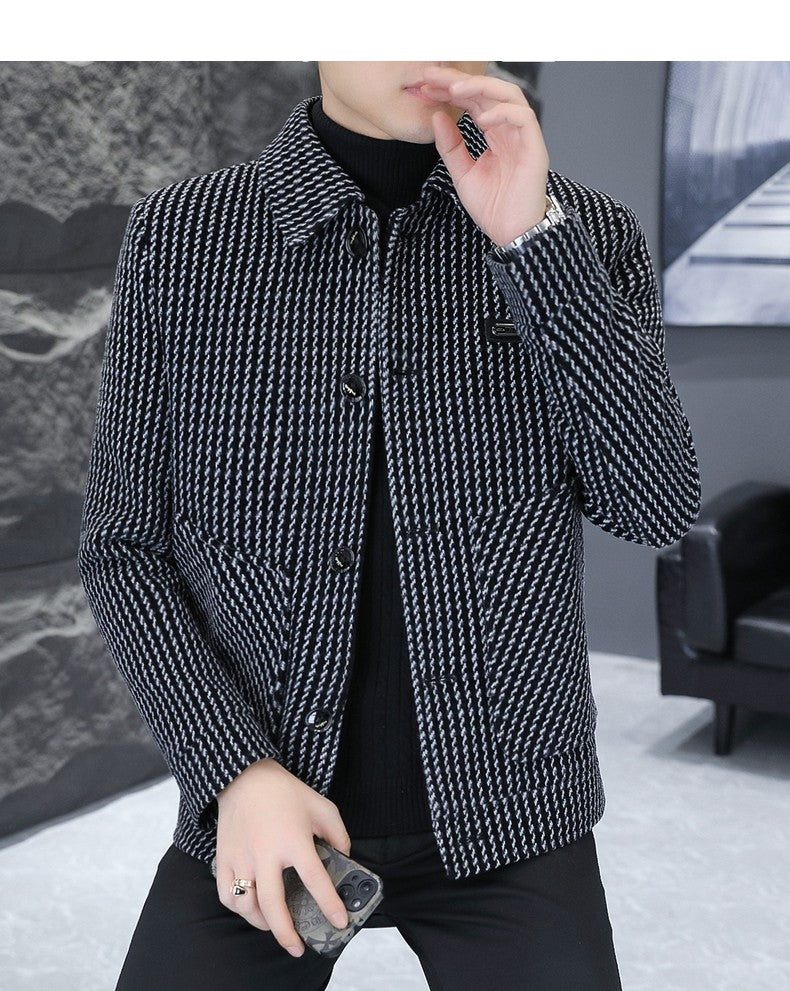 Korean Fashion Woolen Jacket for Men 2023 Winter Plaid Casual Business Trench Coat Slim Social Office Street Wear Short Overcoat