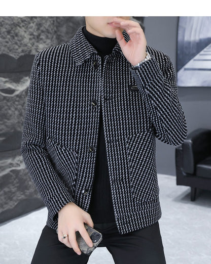 Korean Fashion Woolen Jacket for Men 2023 Winter Plaid Casual Business Trench Coat Slim Social Office Street Wear Short Overcoat