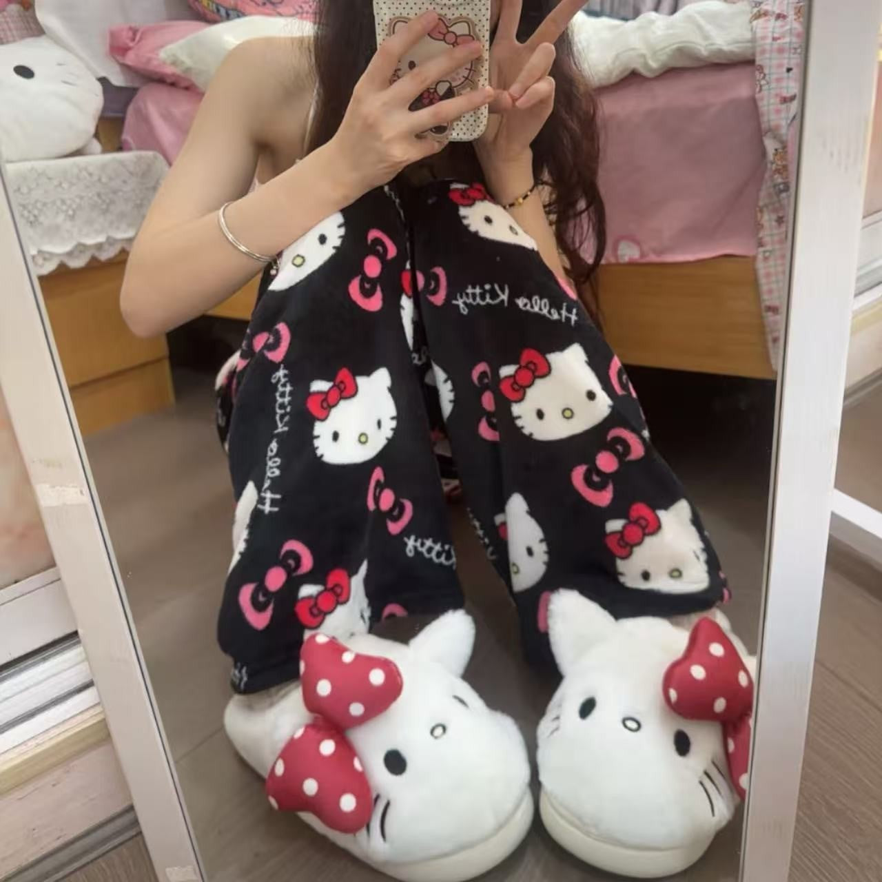 Calça de Pijama Hello Kitty Y2K Sanrio Anime Feminina Calças de Pijama Desenho Animado Moda Roupa de Dormir Calças de Lazer Roupa de Casa