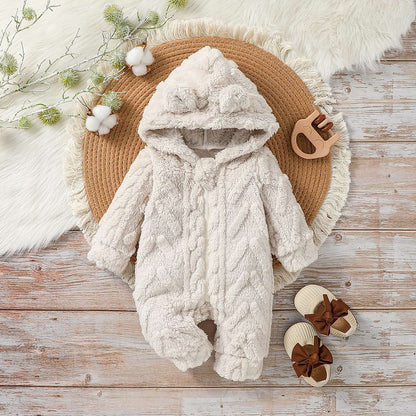 Baby Boys Cute Winter 2024 Long Sleeve Hooded Fashion Plush Jumpsuit For Streetwear Warm Clothes