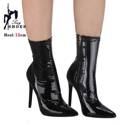 10CM 12cm Black Patent Leather Pointed Toe Women Middle Boots Stiletto High Heel-ed Zipped Mid-calf Boots Bright Polished Shoes