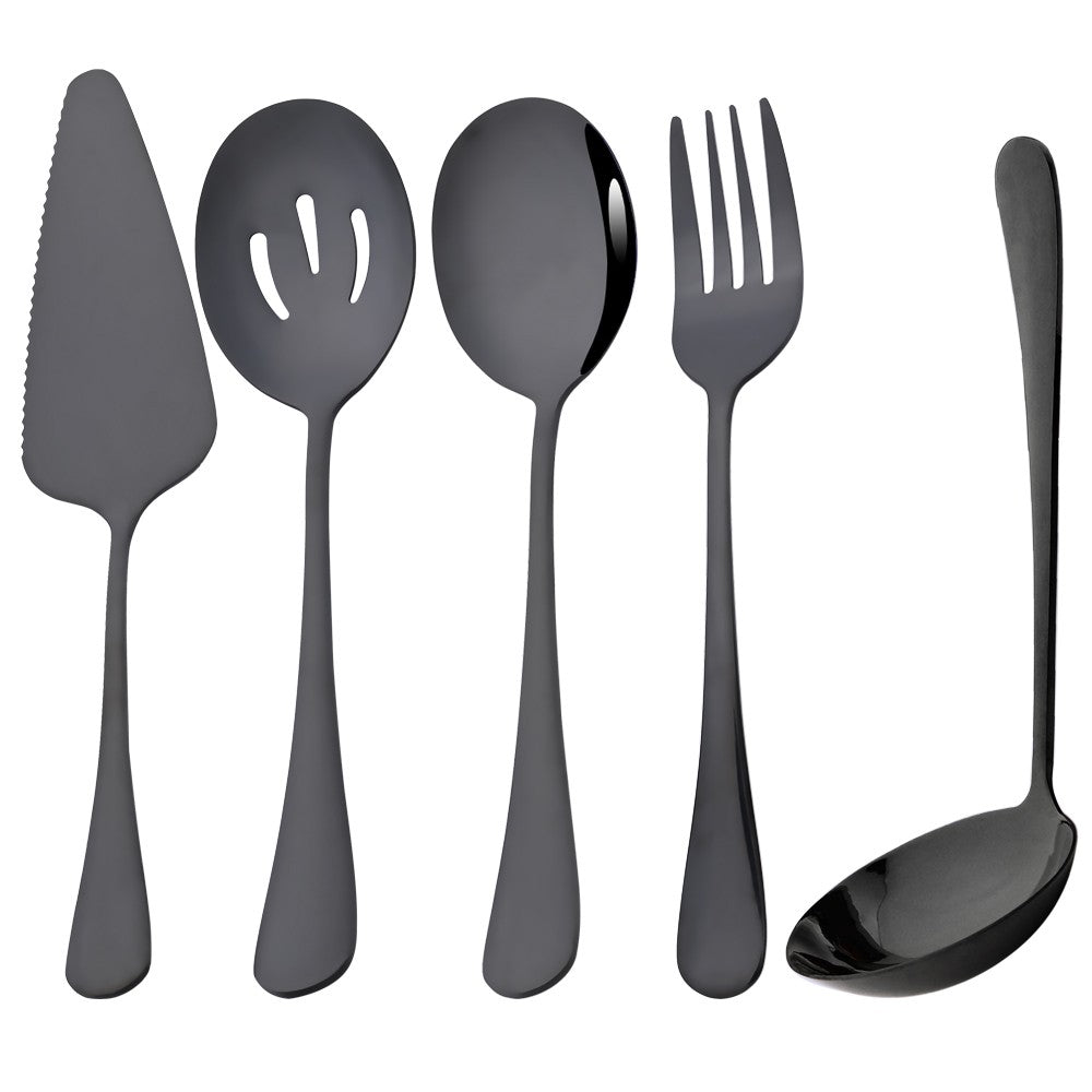 Drmfiy Conjunto de Talheres Pretos de 5/7 Peças para Servir, Utensílios de Jantar, Buffet, Talheres para Catering, Conjunto de Escumadeiras, Colheres, Garfos, Talheres de Prata