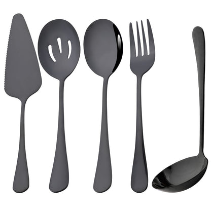 Drmfiy Conjunto de Talheres Pretos de 5/7 Peças para Servir, Utensílios de Jantar, Buffet, Talheres para Catering, Conjunto de Escumadeiras, Colheres, Garfos, Talheres de Prata