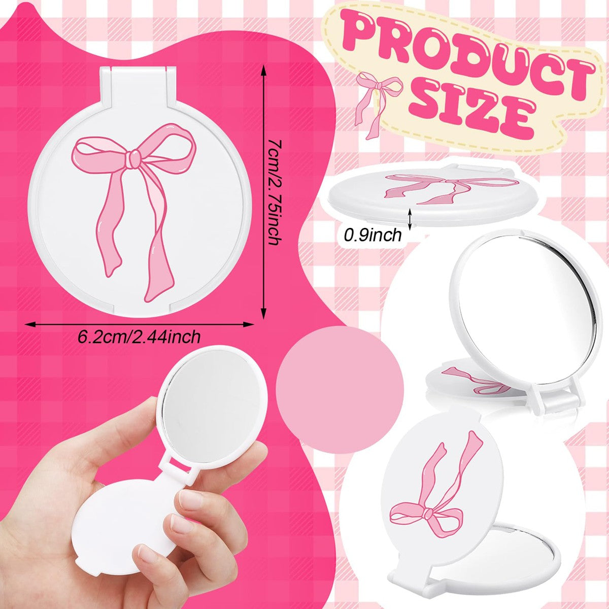 5 Set Pink Bow Mini Pocket Mirror - Vanity Accessories for Women, Birthday Party Favors, Wedding Anniversary Bridal Shower Gifts