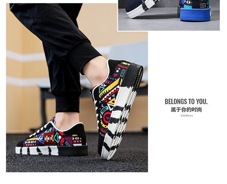 YRZL Men's Sports Running Shoes Canvas Geometric Style Lace-Up Sneakers Couples' Fashionable Graffiti Print Skate Shoes Men