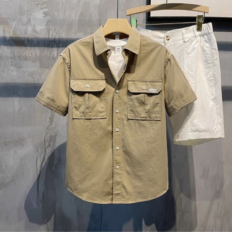 Men Trendy Vintage Lapel Pockets Casual Streetwear Cargo Shirts Summer Youth Solid Short Sleeve Loose Tops Camisas De Hombre