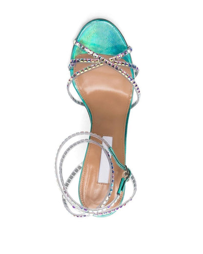 Luxury Shinny Crystal Diamond Stiletto High Heel Sandals Female Blue Buckle Ankle Strap Sandal Shoes Party Belt 2025 New Summer