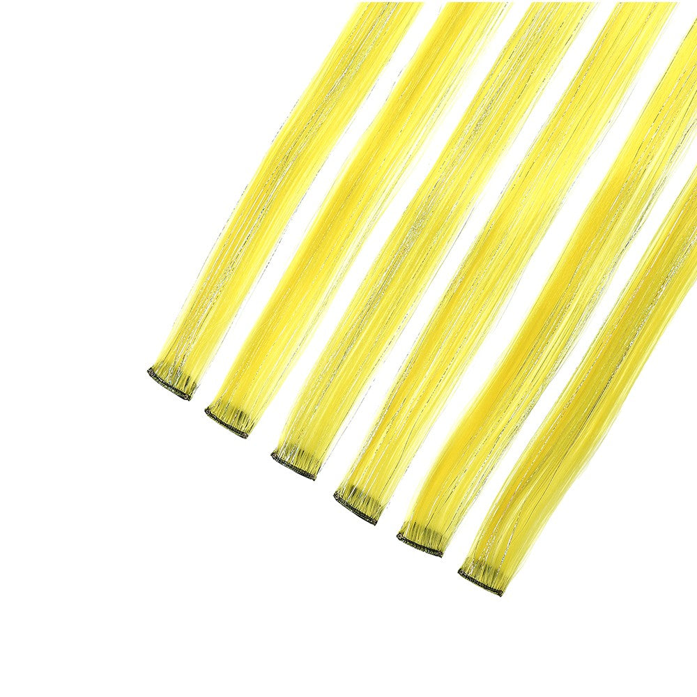 Extensões de Cabelo Sintéticas Rosa Choque com 6 Clipes, Mechas Metálicas, Extensões Coloridas de 55cm, Cabelo Arco-Íris 2 em 1